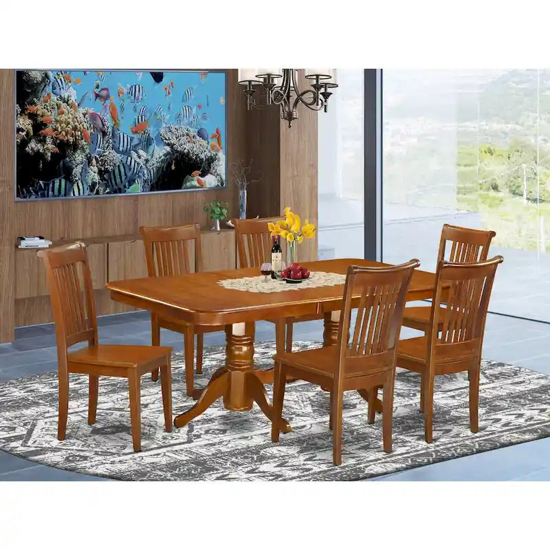 7 Piece Dining Table Set- of a Rectangle Wooden Table and 6 Dining Room Chairs, Saddle Brown (Seat Option)