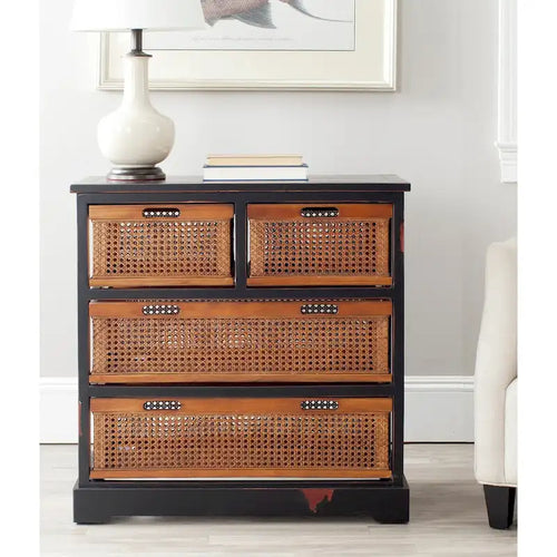 4-Drawer Storage Cabinet with Cane Baskets – Cream White, 29"W