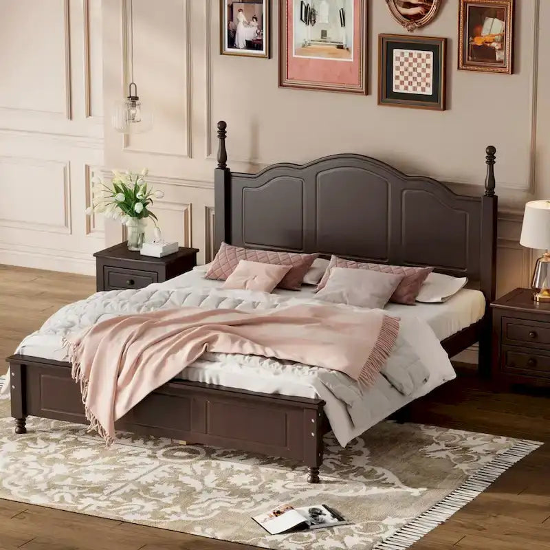 Queen Size Retro Style Wood Platform Bed Frame with Headboard and Wooden Slat Support
