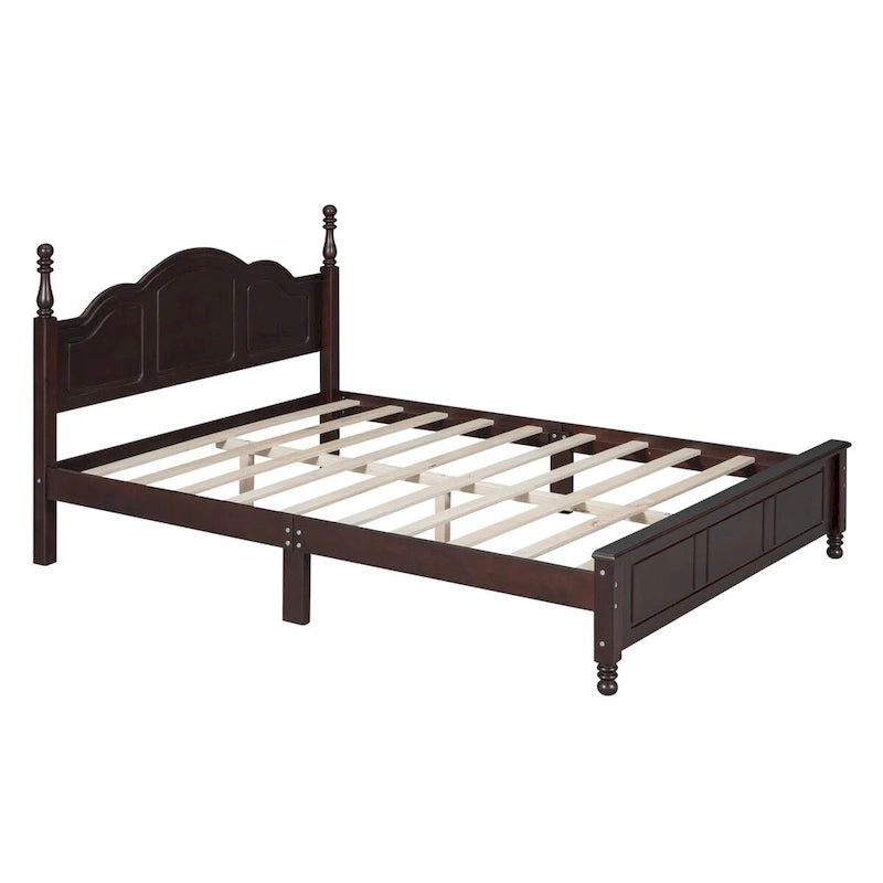Queen Size Retro Style Wood Platform Bed Frame with Headboard and Wooden Slat Support
