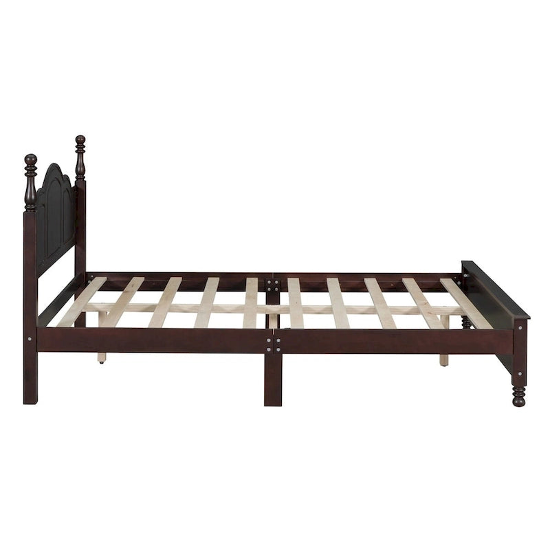 Queen Size Retro Style Wood Platform Bed Frame with Headboard and Wooden Slat Support