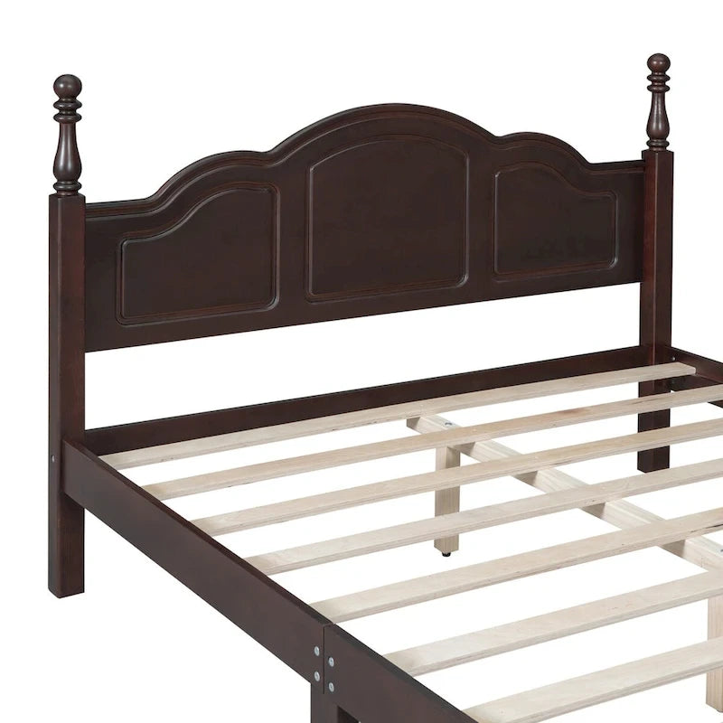 Queen Size Retro Style Wood Platform Bed Frame with Headboard and Wooden Slat Support
