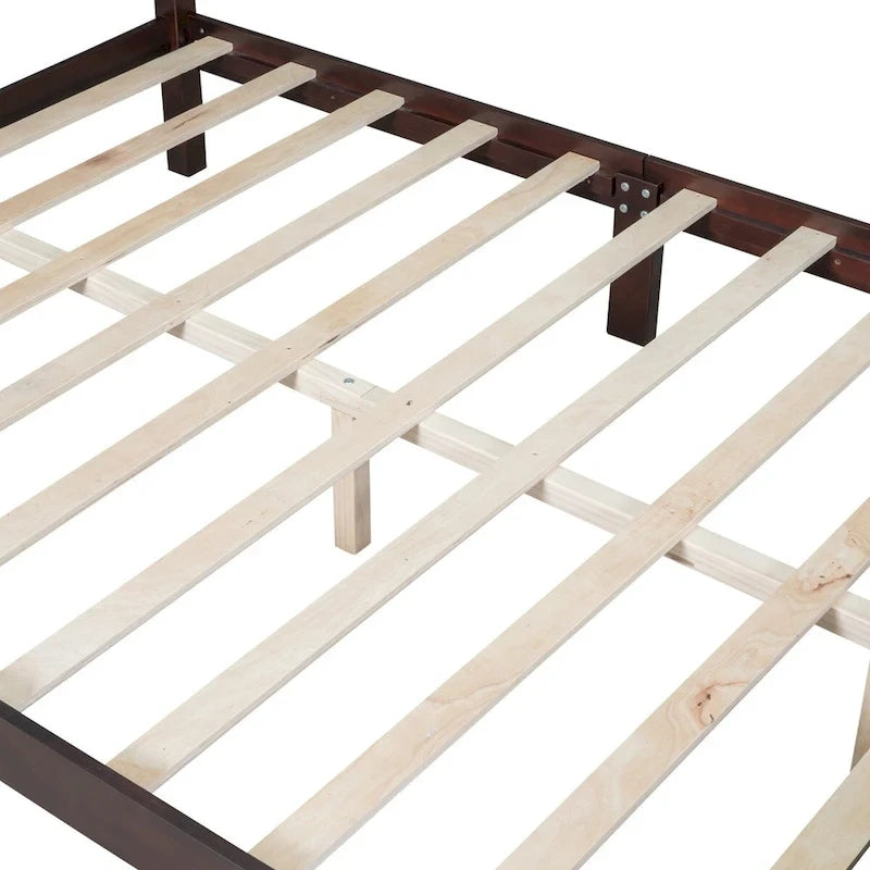 Queen Size Retro Style Wood Platform Bed Frame with Headboard and Wooden Slat Support