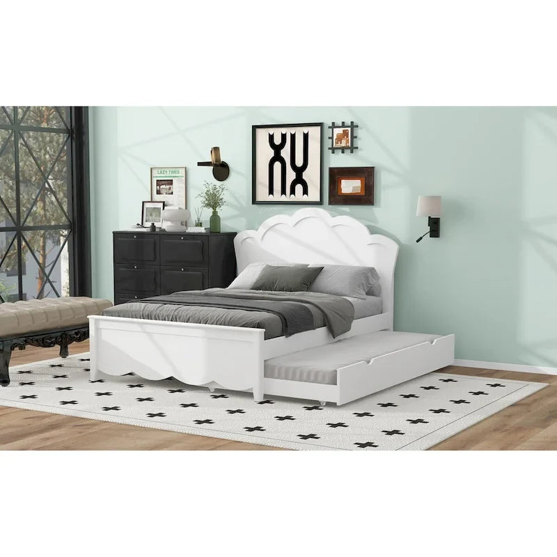 Full Size Wood Platform Bed with Headboard and Twin Size Trundle, White