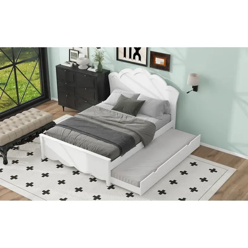 Full Size Wood Platform Bed with Headboard and Twin Size Trundle, White