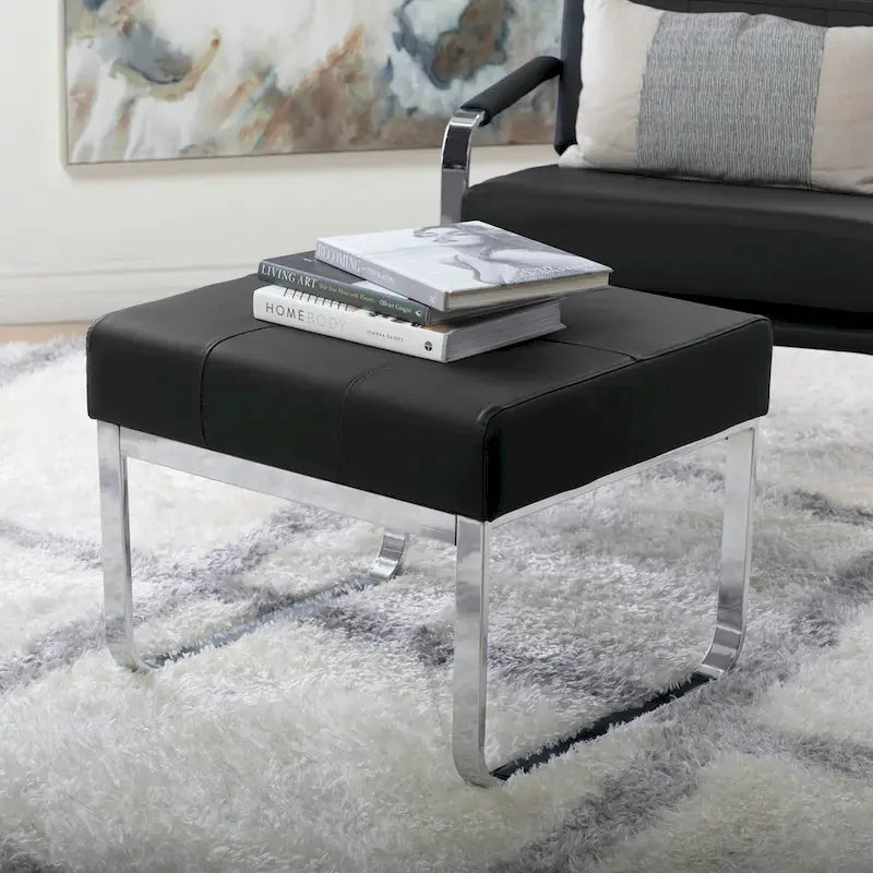 Modern Bonded Leather Ottoman with Chrome Legs – Caramel or Smoke