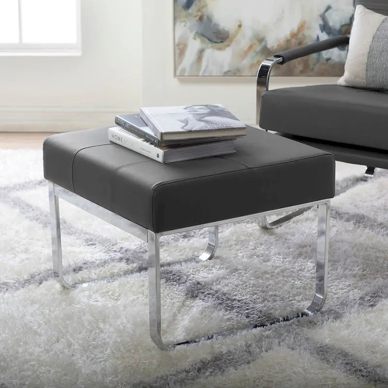 Modern Bonded Leather Ottoman with Chrome Legs – Caramel or Smoke