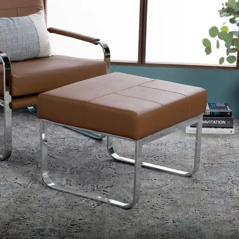 Modern Bonded Leather Ottoman with Chrome Legs – Caramel or Smoke