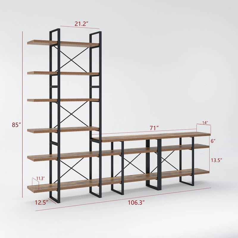 Antique Walnut Color Entertainment Media TV Stand with 6-Tier Bookcase - 106.3*14*85 inches