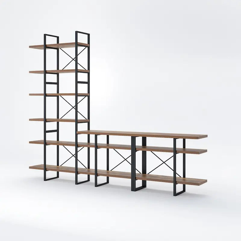 Antique Walnut Color Entertainment Media TV Stand with 6-Tier Bookcase - 106.3*14*85 inches