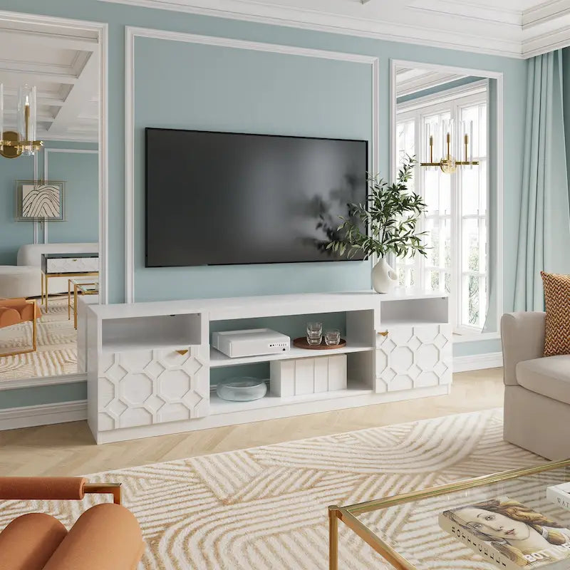 70" High Gloss TV Stand with Honeycomb Doors & Gold Legs
