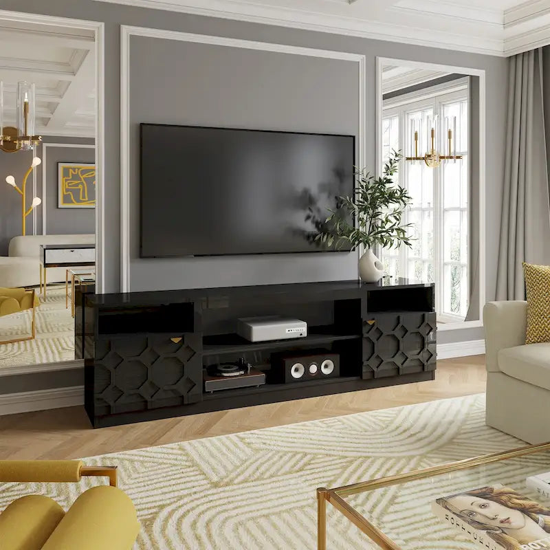 70" High Gloss TV Stand with Honeycomb Doors & Gold Legs