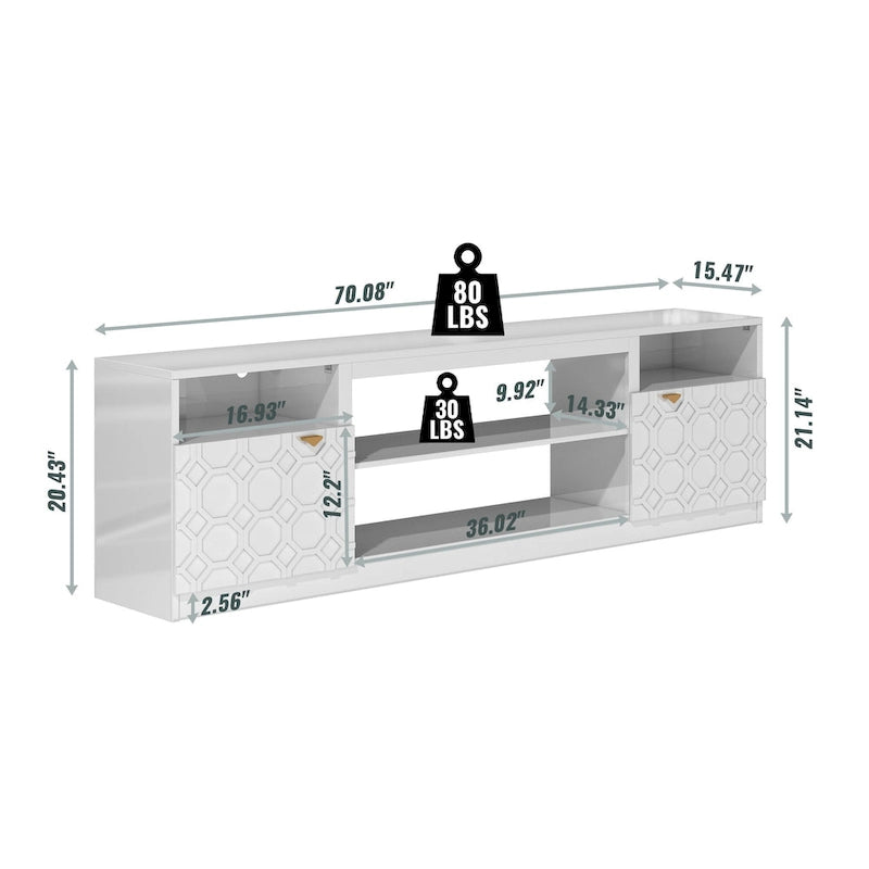 70" High Gloss TV Stand with Honeycomb Doors & Gold Legs