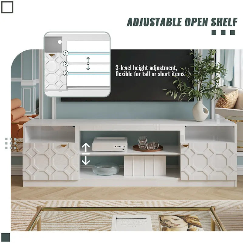 70" High Gloss TV Stand with Honeycomb Doors & Gold Legs