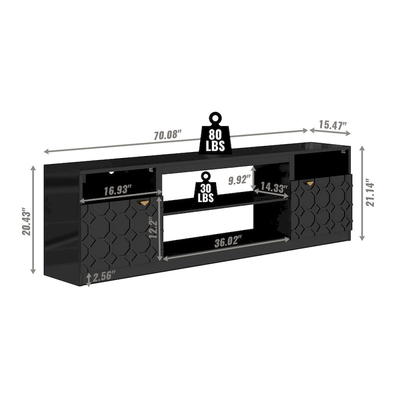 70" High Gloss TV Stand with Honeycomb Doors & Gold Legs