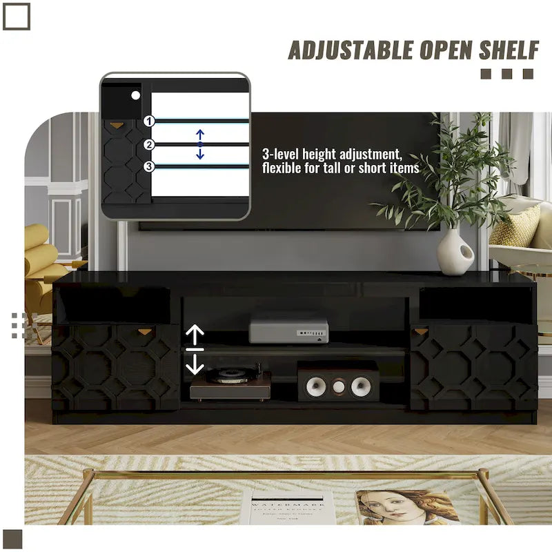 70" High Gloss TV Stand with Honeycomb Doors & Gold Legs