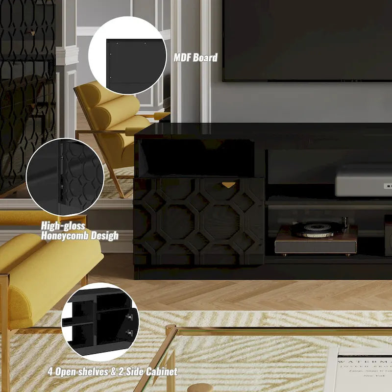 70" High Gloss TV Stand with Honeycomb Doors & Gold Legs