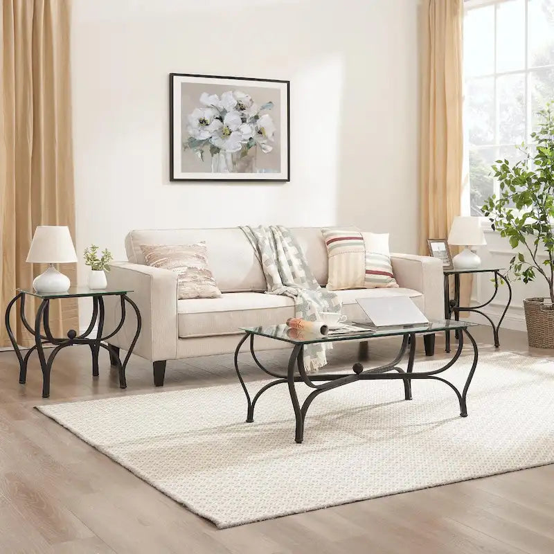 3-Piece Tempered Glass Coffee Table Set - Rectangle Coffee Table with 2 Square End Side Tables