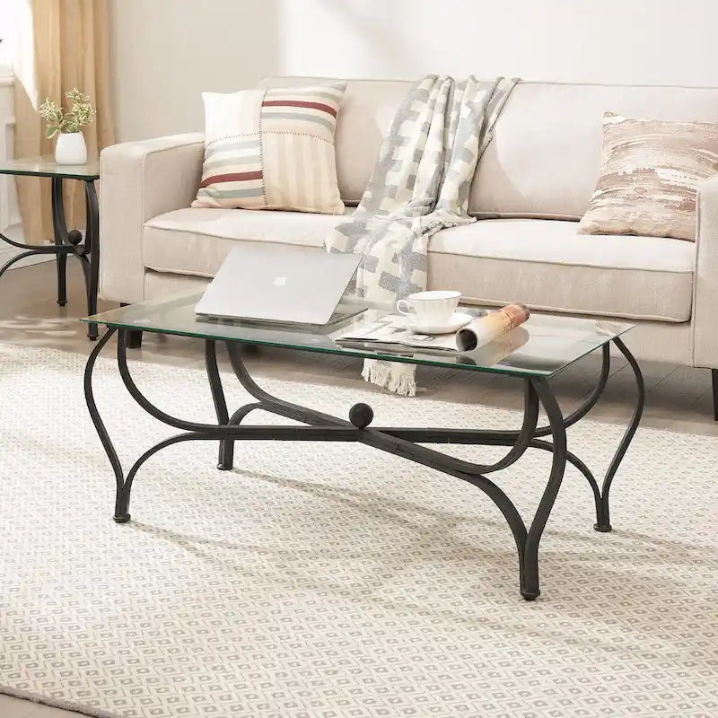 3-Piece Tempered Glass Coffee Table Set - Rectangle Coffee Table with 2 Square End Side Tables