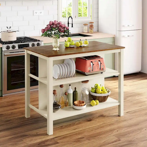 45" Butcher Block Kitchen Island Table with Shelves & 2 Stools